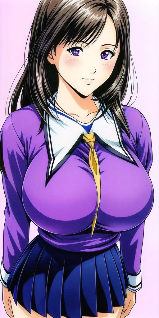 yoshizuki_iori, huge_breasts, standing, solo,  <lora:yoshizuki_ioriV4:.8> school_uniform_purple_shirt_blue_skirt_white_nec...